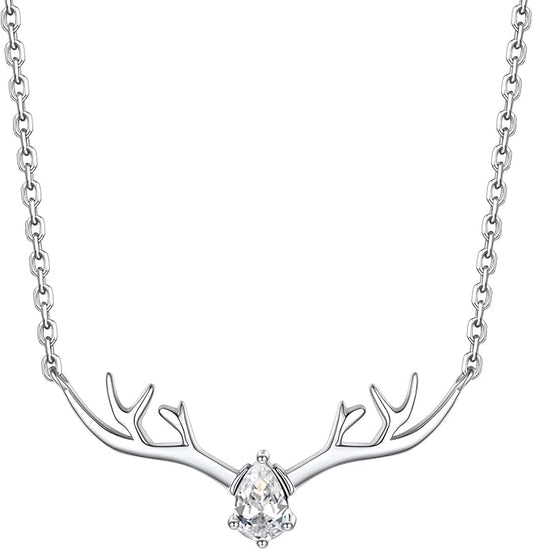 Silvora 925 Sterling Silver Deer Antler Necklace, Antler Deer Jewelry Antler Pendant Choker Birthstone Necklace Christmas Jewelry for Women