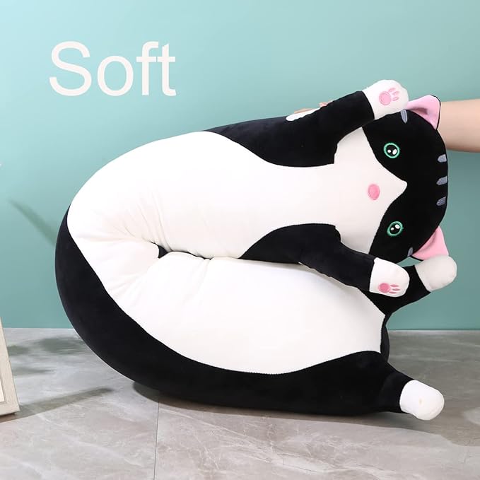 Giant Cat Pillow Plush Cartoon Kitty Sleeping Hugging Pillow, Cuddly Soft Long Kitten Body Pillow Doll Cat Cushion Toy for Kids Girlfriend (Black, 70cm/ 27.55inch)