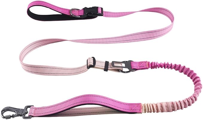 Hands Free Dog Leash for Large Medium Dogs Heavy Duty Bungee Reflective Adjustable Waist Leashes for Walking Running with Car Buckle 4-6FT (Rose)