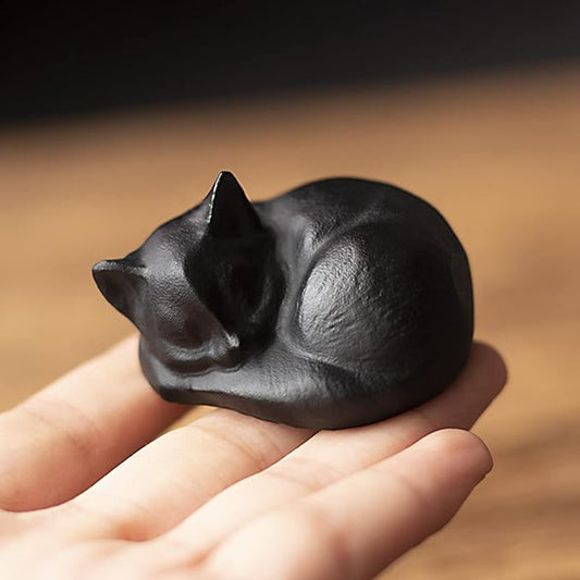 OwMell Tiny Sleeping Cat Statue Hand-Carved Healing Stone Gemstone Little Kitten Statue Figurine 2" - Black Obsidian