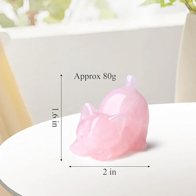 Rose Quartz Cat Crystal Statue Pink Carved Room Decor Figurines for Healing Stone Crystals Home Lazy Cute Sculpture Spiritual Natural Gemstones Cat Lover for Women Lovers