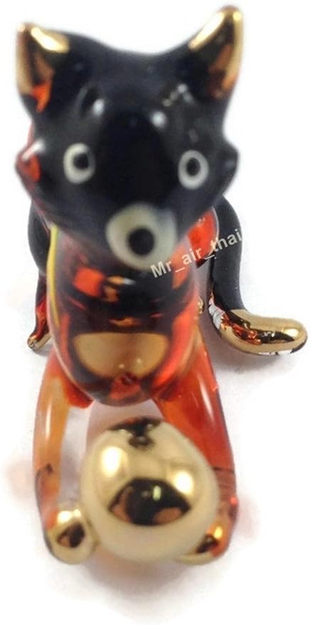 Tiny 2¼" Black Brown Crouching Play Ball Cat Figurine Miniature Hand Blown Painted Glass Cats Kitten Feline Animals Cute Crystal Decorative Collectible Figurines Décor Gifts