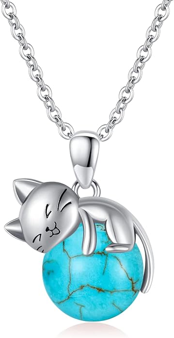 Natural Gemstone Cat Necklace for Women 925 Sterling Silver Cute Kitten Pendant with Genuine Turquoise/Rose Quartz/Amethyst/Larimar/Labradorite/Moss Agate/Blue Sandstone Jewelry Gifts