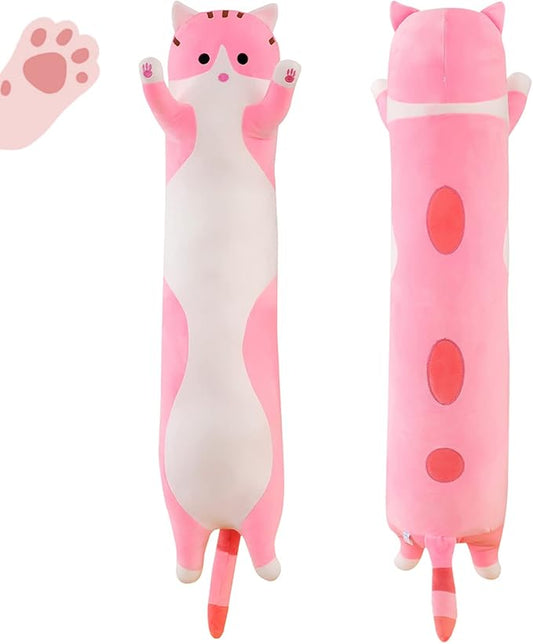 Long Pink Cat Plush Pillow Toy Sleeping Pillow Cute Cartoon Cat Stuffed Animals Soft Long Body Pillow Gift for Kids(35.43in)
