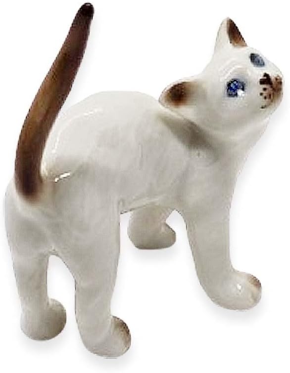 WitnyStore Tiny 2" White Brown Pointed Shorthair Siamese Cat Standing Look Up Figurine - Miniature Hand Made Painted Ceramic Cats Kitten Animal Cute Porcelain Decorative Collectible Figure Décor Gifts