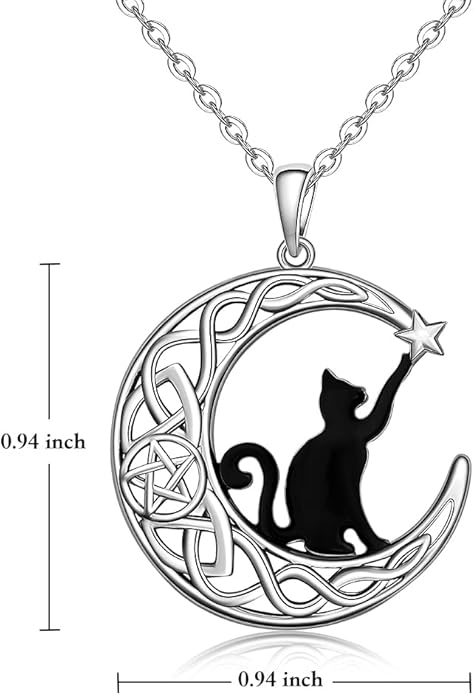 Fenthring Black Cat Necklace Sterling Silver Crescent Moon Celtic Knot Cat Necklaces for Women Cute Animal Infinity Pentacle Cats Halloween Christmas Holiday Jewelry