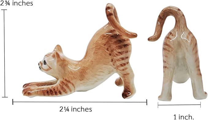WitnyStore Tiny 2¼" Long Brown Tabby Shorthair Cat Stretching Figurine - Miniature Hand Made Painted Ceramic Cats Kitten Feline Animal Cute Porcelain Decorative Collectible Figurines Décor Gifts
