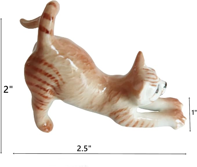 Ceramic Cat Figurine Porcelain Kitten Stretching Post Adorable Pet Kitty Collectible Miniature Hand Painted Animal Gift Decor Calico Brown Tabby
