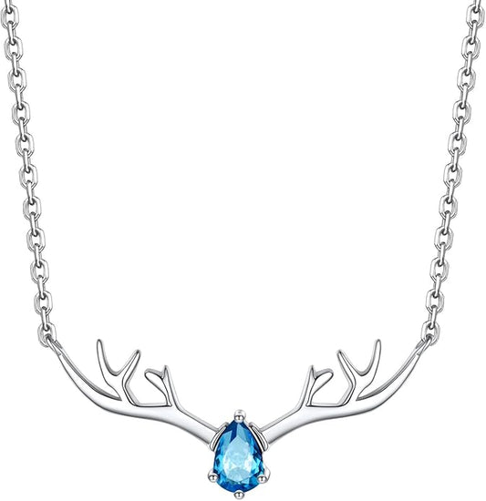 Silvora 925 Sterling Silver Deer Antler Necklace, Antler Deer Jewelry Antler Pendant Choker Birthstone Necklace Christmas Jewelry for Women