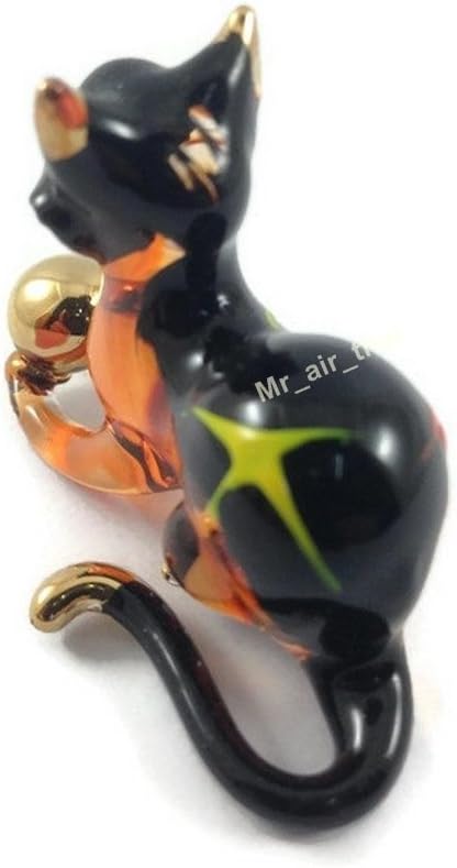 Tiny 2¼" Black Brown Crouching Play Ball Cat Figurine Miniature Hand Blown Painted Glass Cats Kitten Feline Animals Cute Crystal Decorative Collectible Figurines Décor Gifts