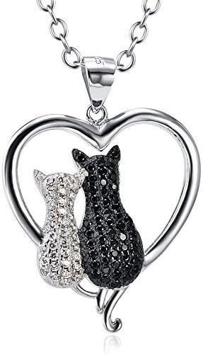 Cat Necklaces 925 Sterling Silver Jewelry Cute Double Two-Tone Cat Pendant Cubic Zirconia Necklace Rolo Chain,Eternal Love Heart Necklace for Women,Girls
