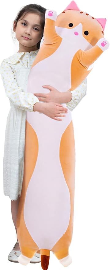 Giant Cat Pillow Plush Cartoon Kitty Sleeping Hugging Pillow, Cuddly Soft Long Kitten Body Pillow Doll Cat Cushion Toy for Kids Girlfriend (Yellow, 150cm/59inch)