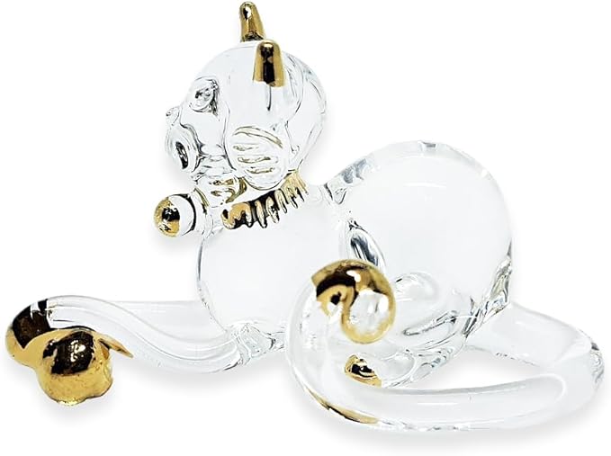 Tiny 2" Clear Gold Crouching Play Ball Cat Figurine Miniature Hand Blown Painted Glass Cats Kitten Feline Animals Cute Crystal Decorative Collectible Figurines Décor Gifts