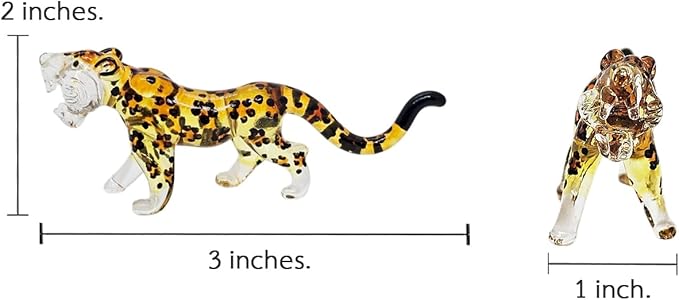 ChangThai Design Tiny 3½" Yellow Black Spotted Roaring Leopard Cheetah Jaguar Figurine - Miniature Hand Blown Glass Wild Cats Wildlife Felidae Animal Crystal Decorative Collectible Figures Décor Gifts
