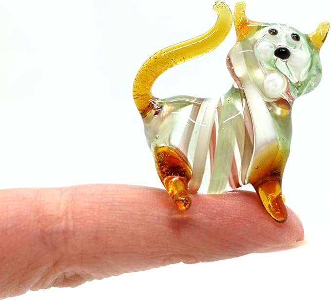 Cat Tiny Figurines Blown Glass Art Animals Hand Painted Collectible Gift Decorate (Multi-Amber)