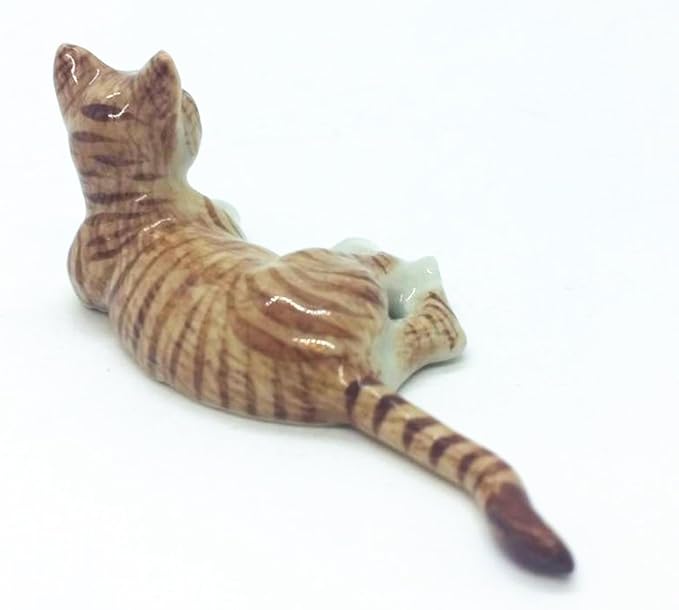WitnyStore Tiny 3" Long Brown White Tabby Shorthair Cat Lying On Side Figurine - Miniature Hand Made Painted Ceramic Cats Kitten Feline Animal Cute Porcelain Decorative Collectible Figures Décor Gifts