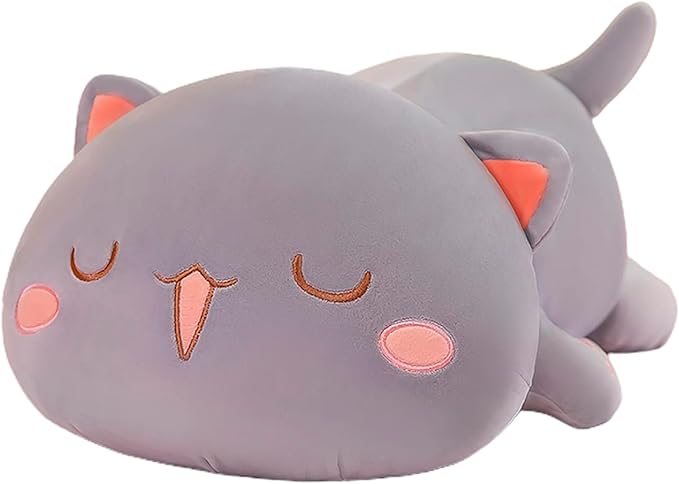 FUYU Cat Stuffed Animals, Soft Cat Plush Pillow Kawaii Kitten Stuffed Animal Toy Gifts for Kids Boys Girls Room Decor (Gray Squinted,15in/37cm)