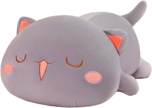 FUYU Cat Stuffed Animals, Soft Cat Plush Pillow Kawaii Kitten Stuffed Animal Toy Gifts for Kids Boys Girls Room Decor (Gray Squinted,15in/37cm)