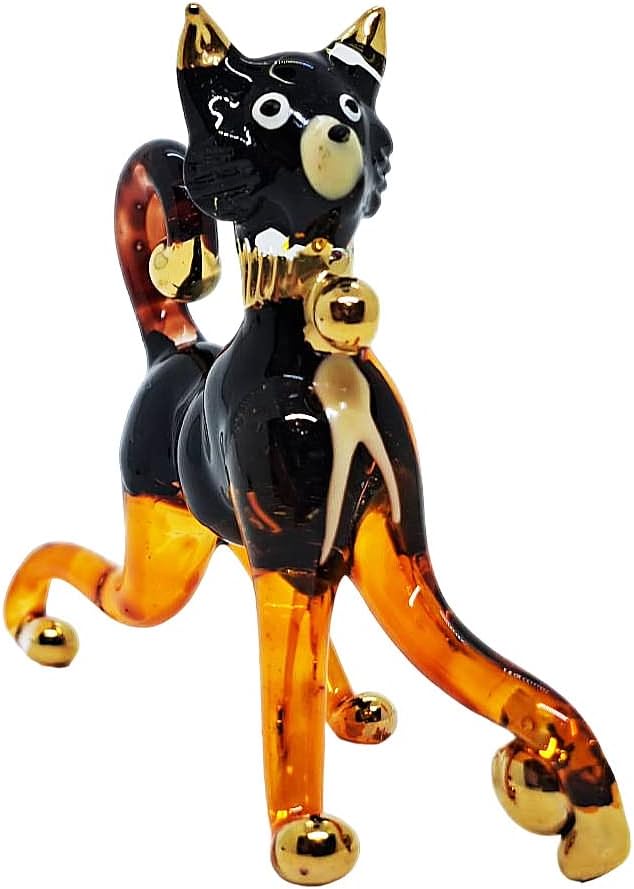 Tiny 2⅞" Black Brown Standing Play Ball Cat Figurine Miniature Hand Blown Painted Glass Cats Kitten Feline Animals Cute Crystal Decorative Collectible Figurines Décor Gifts