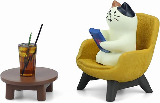Cute Cat Playing Phone on Sofa and Drinking Coffee Figurine for Office Home Decor - Cute Cat Gift for Cat Lovers