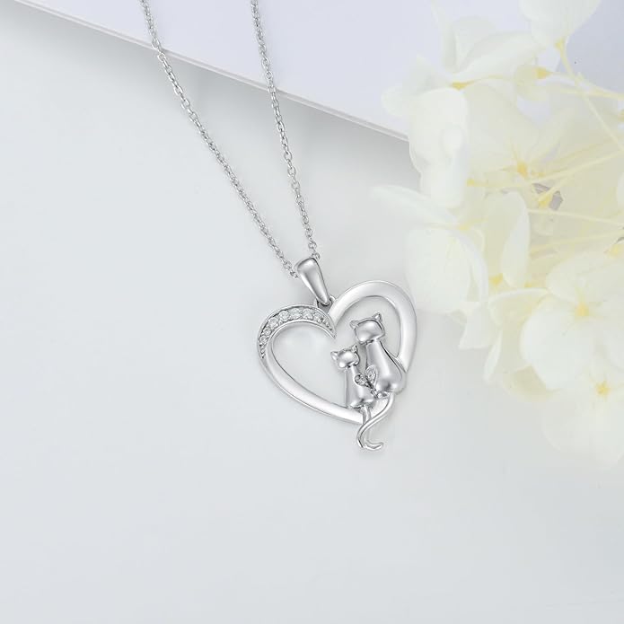 Diamond Cat Necklace for Women 925 Sterling Silver Heart Necklace Cute Cat Necklace Animal Diamond Jewelry Gifts for women Wife Girlfriend (0.065 ct t.w)