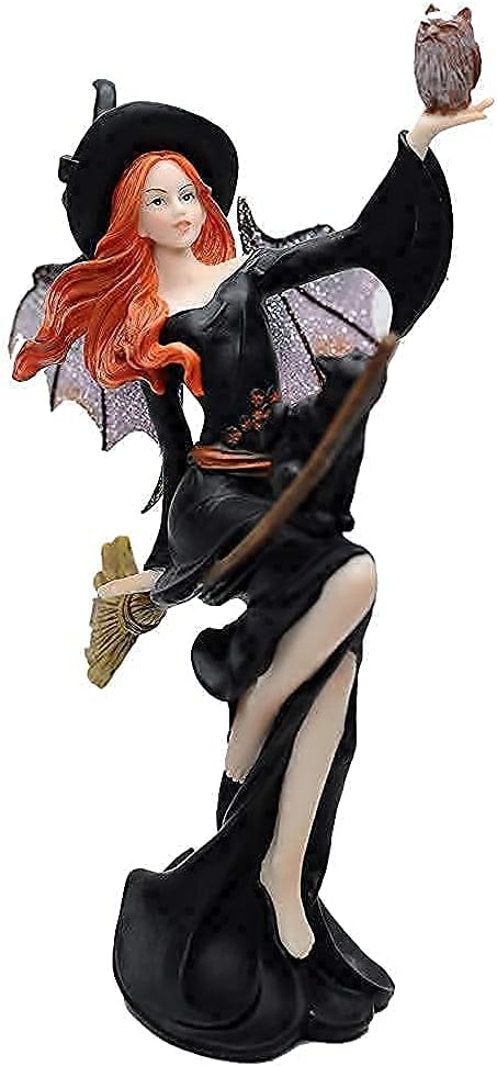 Comfy Hour Fairyland Collection 9-inch Dark Fairy Witch on Magic Broom with Black Cat Figure and 7-inch Black Feather Standing Crow Bird Halloween Decorative Figurine, Polyresin, Bundle of 2