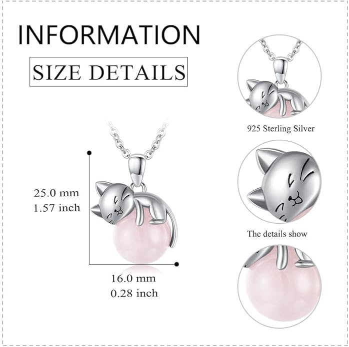 Cat Necklace Sterling Silver Cat Pendnat with Rose Quartz Pearl Jewelry Gifts for Women Cat Lovers