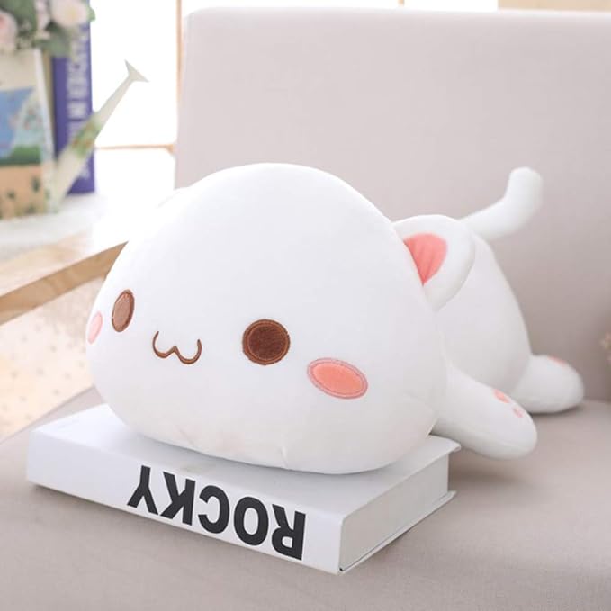 Cat Stuffed Animals, Soft Cat Plush Pillow Kawaii Kitten Stuffed Animal Toy Gifts for Kids (White Round Eyes, 13.7")