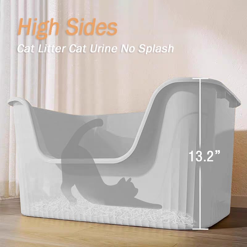 Vealind 2 Extra Large Cat Litter Box with High Sides, XL Litter Boxes for Indoor Big Cats, Grey Big Tall Deep High Wall Litter Box for 2 or Multiple Cats