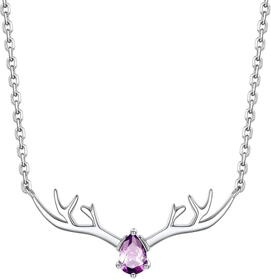 Silvora 925 Sterling Silver Deer Antler Necklace, Antler Deer Jewelry Antler Pendant Choker Birthstone Necklace Christmas Jewelry for Women