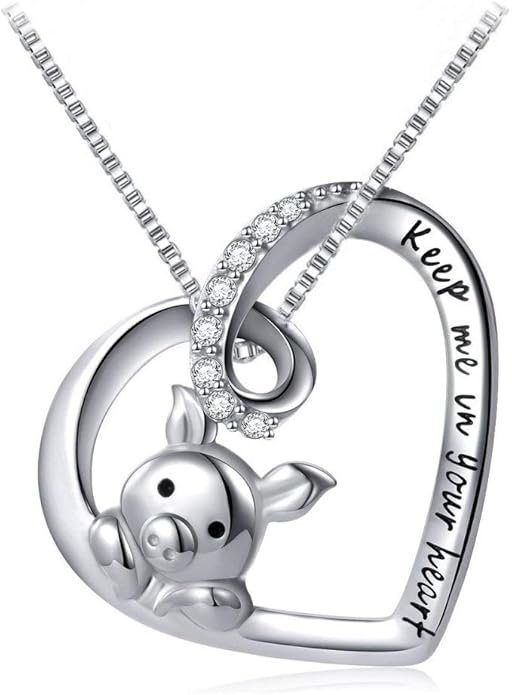 Cute Little Pig Sterling Silver Crystal Love Pendant Necklaces for Her Women Engraved Keep Me in Your Heart Nice Gifts