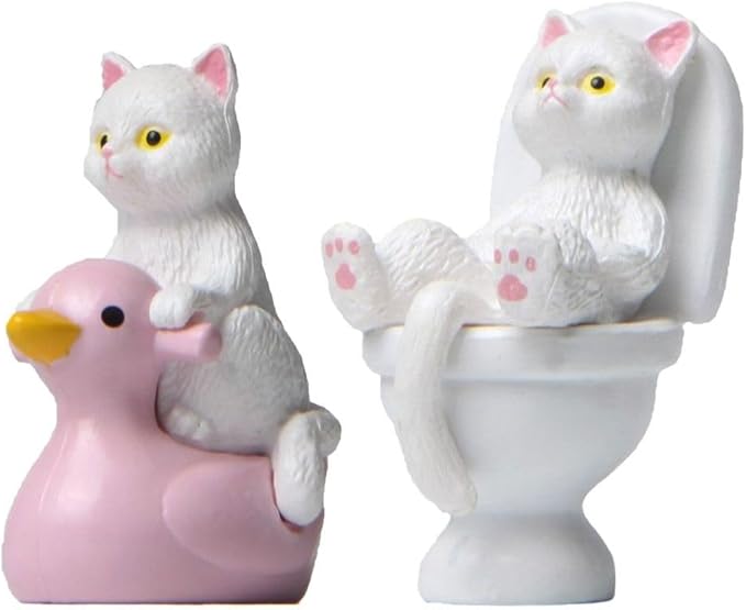 Kopida 2PCS Cute Animal Cat Ornaments Sitting On Closestool Toilet PVC Model Cat Miniature Pink Sitting Animal Model Cat Duck Cat Small Statue Figurine Crafts Figure Home Decoration