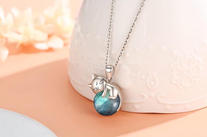 Natural Gemstone Cat Necklace for Women 925 Sterling Silver Cute Kitten Pendant with Genuine Turquoise/Rose Quartz/Amethyst/Larimar/Labradorite/Moss Agate/Blue Sandstone Jewelry Gifts
