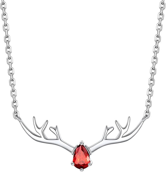 Silvora 925 Sterling Silver Deer Antler Necklace, Antler Deer Jewelry Antler Pendant Choker Birthstone Necklace Christmas Jewelry for Women