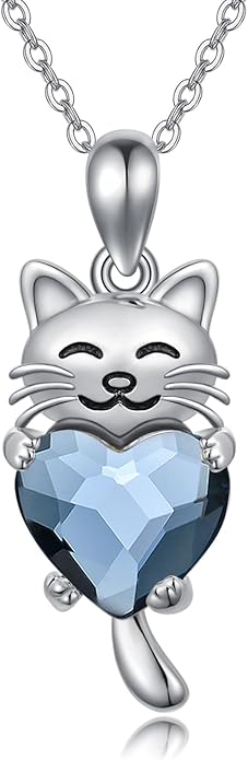 JUSTKIDSTOY Sterling Silver Cute Animal Pendant Necklace with Crystal Cat Pendant - Women's Cat Lovers Jewelry Gift