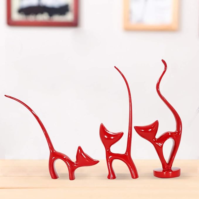 DreamsEden Resin Cat Figurines - Small Animal Statues Shelf Home Decor Accents Art Ornament, Set of 3 (Red)