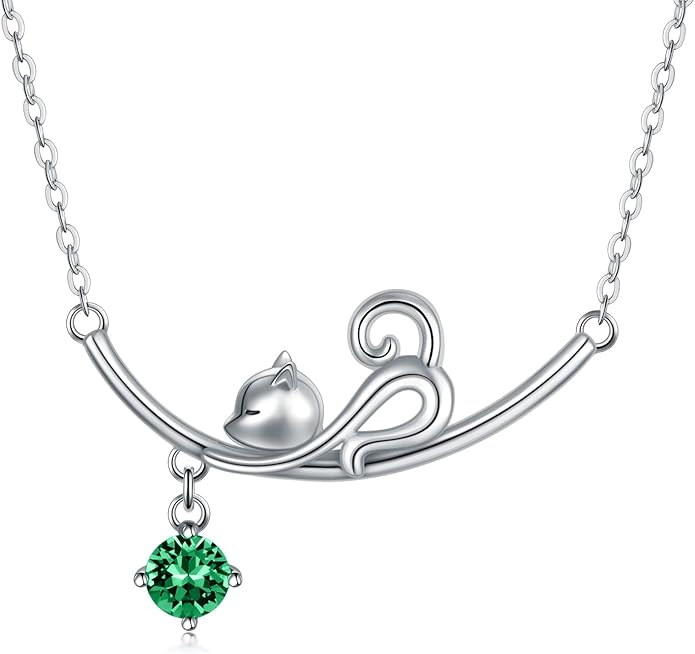 AOBOCO 925 Sterling Silver Lovely Cat Kitten Pendant Necklace with 12 Months Birthstone Crystal from Austria, Christmas Birthday Jewelry Gifts for Cat Lover