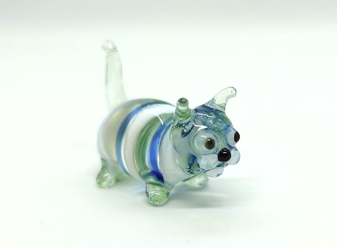 Cat Tiny Figurines Blown Glass Art Animals Hand Painted Collectible Gift Decorate (Green Stand)