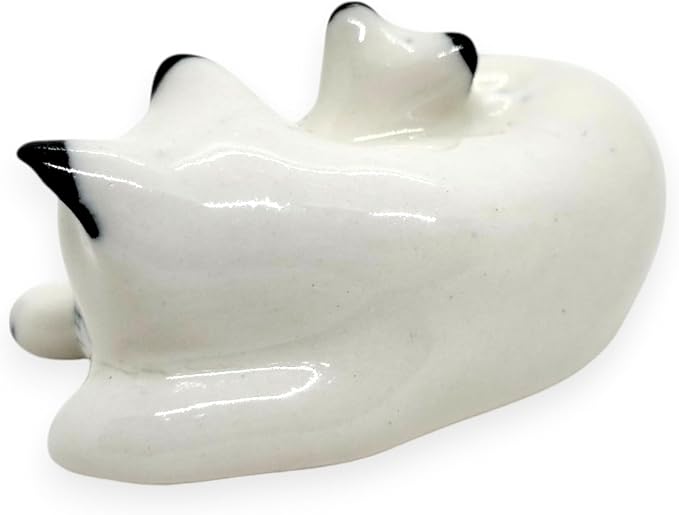 WitnyStore Tiny 1½" White Black Pointed Shorthair Cat Mom Baby Sleeping Figurine - Miniature Hand Made Painted Ceramic Cats Kitten Feline Animal Cute Porcelain Decorative Collectible Figure Décor Gift