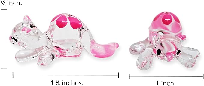 Tiny 1¾" Clear Pink Flowered Lying Prone Cat Figurine Miniature Hand Blown Glass Cats Kitten Feline Animals Cute Colorful Crystal Decorative Collectible Figurines Décor Gifts