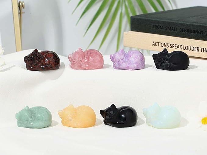 LAIDANLA Sleeping Cat Statue Fancy Calcite Healing Gemstone Hand Carved Cute Kitten Statue Figurine 1.6" Decor Polished Stone Reiki Bedroom Office Desk Home Decoration Gifts