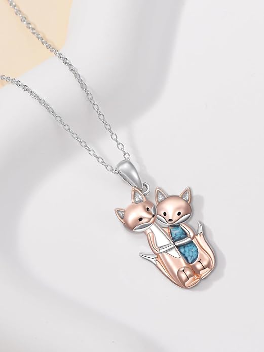 Couple Hug Necklace 925 Sterling Silver Cat/Fox Couples Hugging Turquoise Necklace Couples Jewelry as Valentine's Day Gift for Women
