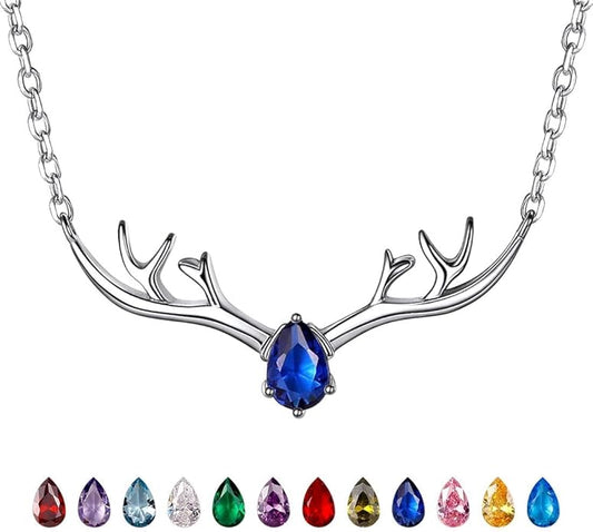 SILVERCUTE Sterling Silver Birthstone Necklaces for Women, Xmas Antler Deer Pendant Necklace with Colorful Cubic Zirconia,16-18 inches