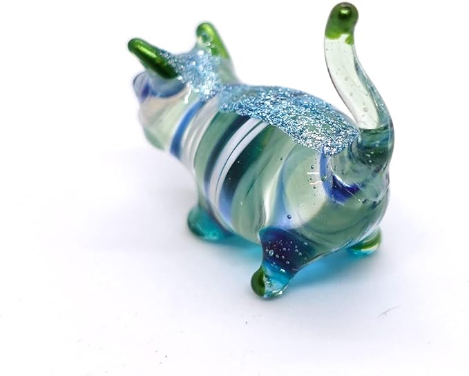 Cat Tiny Figurines Blown Glass Art Animals Hand Painted Collectible Gift Decorate (Blue Green Stand)