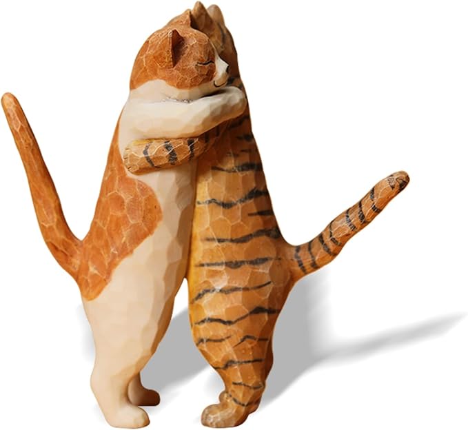 Resin Hugging Cat Statue with Wooden Grain, Embracing Cute Cat Figurine with Wooden Texture, Adorable Gifts of Love, for Cat Lovers, for Couple