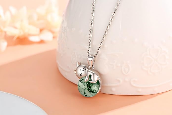 Natural Gemstone Cat Necklace for Women 925 Sterling Silver Cute Kitten Pendant with Genuine Turquoise/Rose Quartz/Amethyst/Larimar/Labradorite/Moss Agate/Blue Sandstone Jewelry Gifts