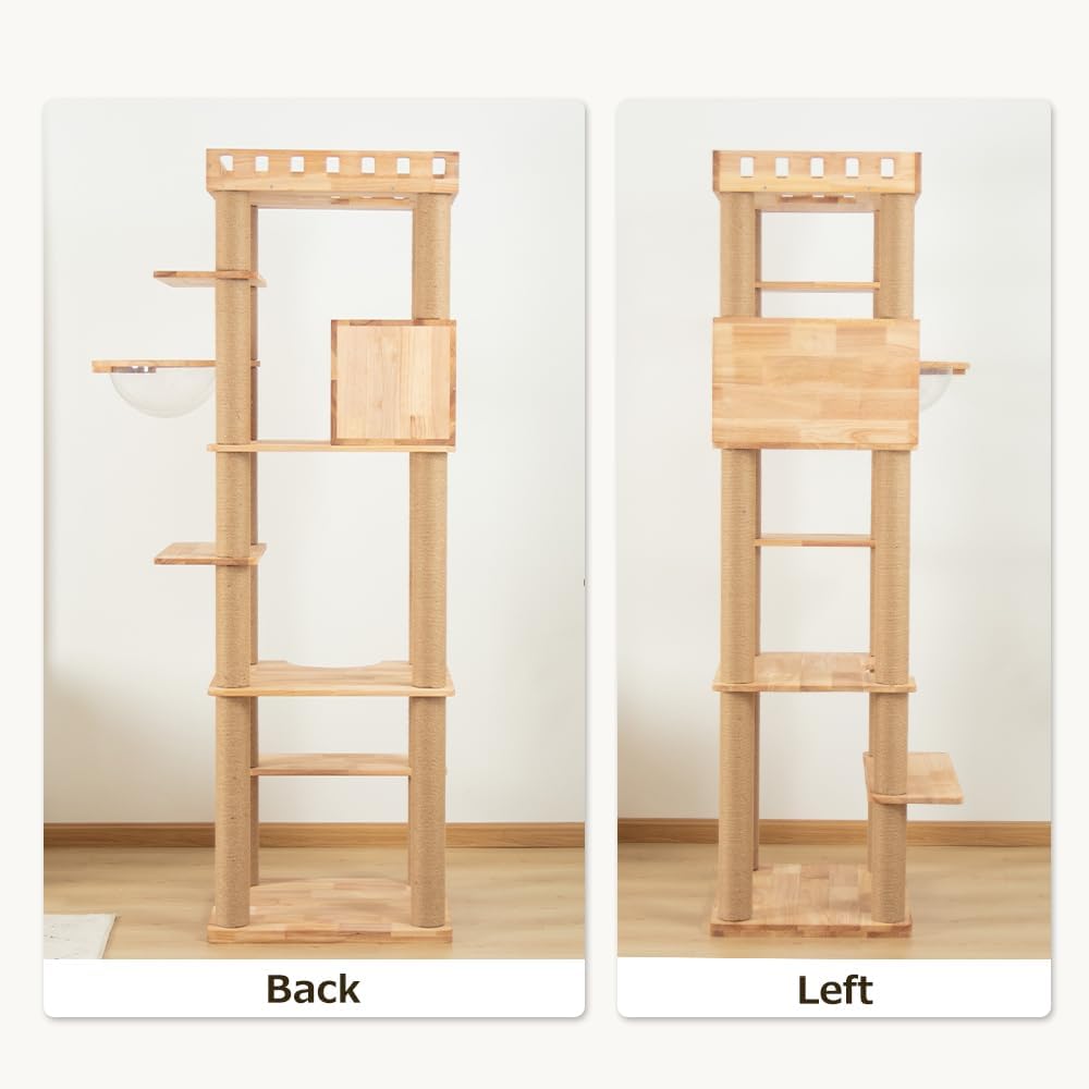 74.8" Wooden Cat Tree Tower for Large Cats, Multi-Level Cat Climbing Furniture with Scratching Posts, Cat Condo & Hammock, Natural Wood Cat Activity Center (Brown)