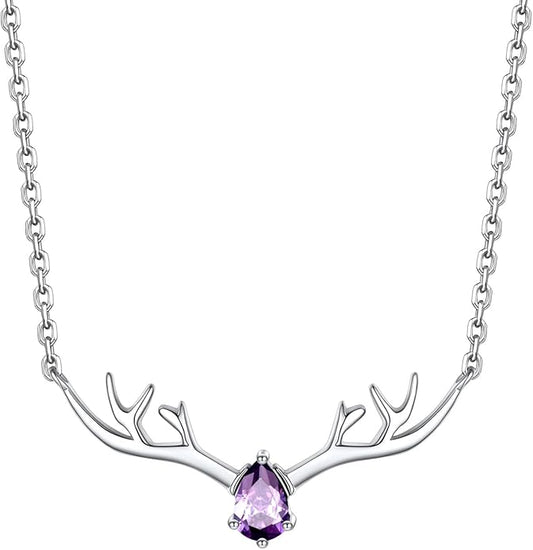 Silvora 925 Sterling Silver Deer Antler Necklace, Antler Deer Jewelry Antler Pendant Choker Birthstone Necklace Christmas Jewelry for Women
