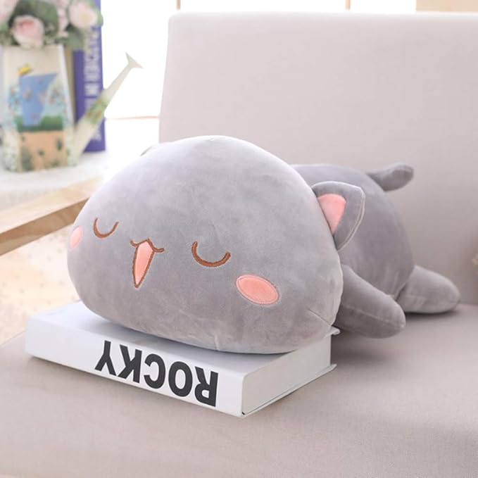 Cat Plush Hugging Pillow, Soft Kitten Plush Cat Stuffed Animals Toy Gifts for Kids (Grey Squint Eyes, 19.6")