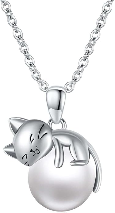 Cat Necklace Sterling Silver Cat Pendnat with Rose Quartz Pearl Jewelry Gifts for Women Cat Lovers